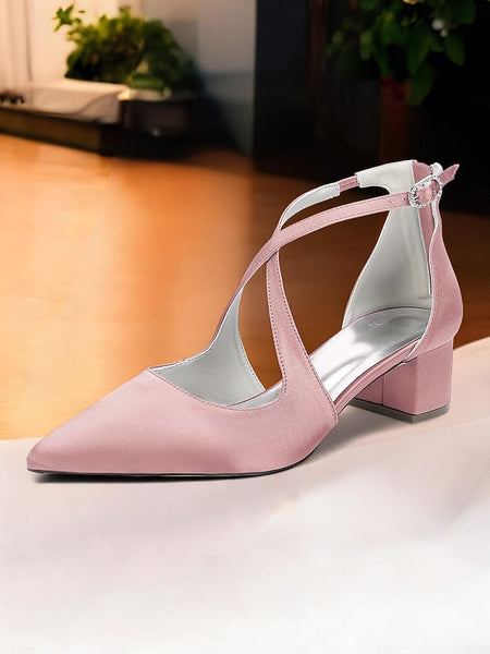Satin - Block Pointed Toe Women's Heels Elegant Ivory FashionChic