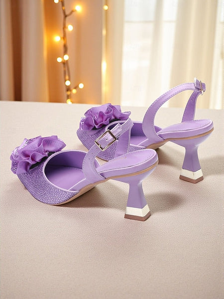 Women's Floral Heels Purple Slingback with Rhinestone FashionChic