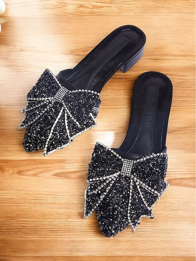 and Parties for Perfect Black Flat – Rhinestone-Bow Mules FashionChic