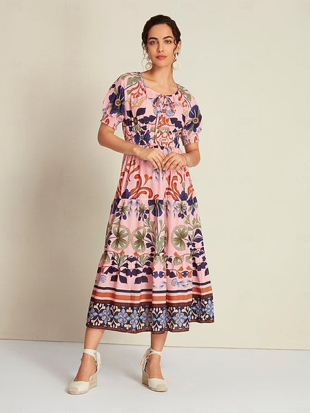 Floral Lace Up Elegant Short Sleeve Midi Dress