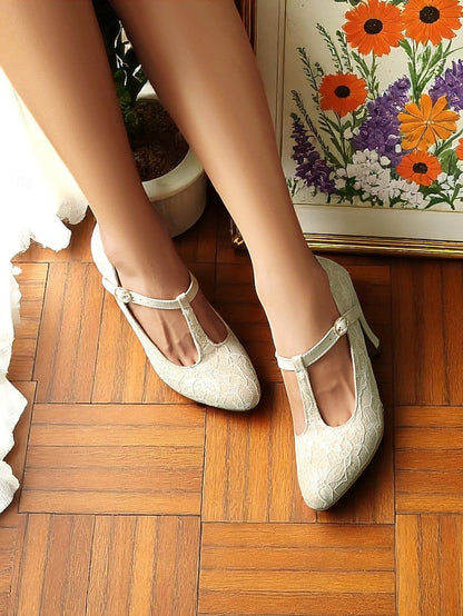 Vintage Women's Lace Heel Mid Ivory T-Strap Pumps-1920s FashionChic