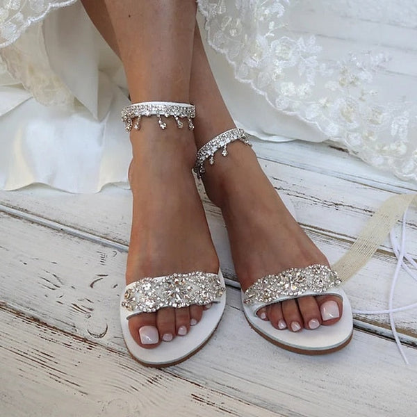 Elegant White – Rhinestone Sandals Women's Bridal Flat FashionChic
