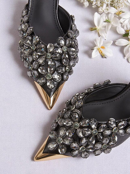 – Mules Black Rhinestone Pointed-Toe Embellished Women's FashionChic