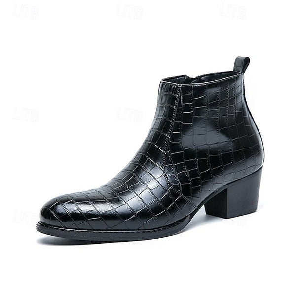 Leather - Faux Boots Men's Pattern Crocodile Ankle Brown FashionChic