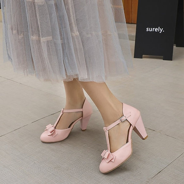 Vintage Chunky 1950s – Green T-Strap Bow Heels Retro with Mint FashionChic