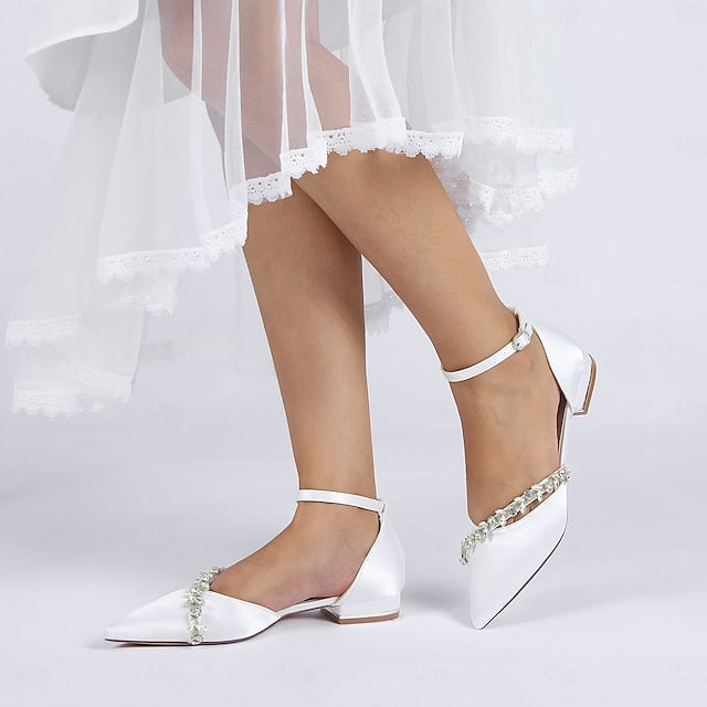 Elegant White Women's Toe Pointed Flats – Wedding Satin FashionChic