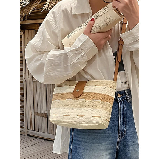 Woven with Women's Colorblock Straw Striped Brown Tote Bag FashionChic