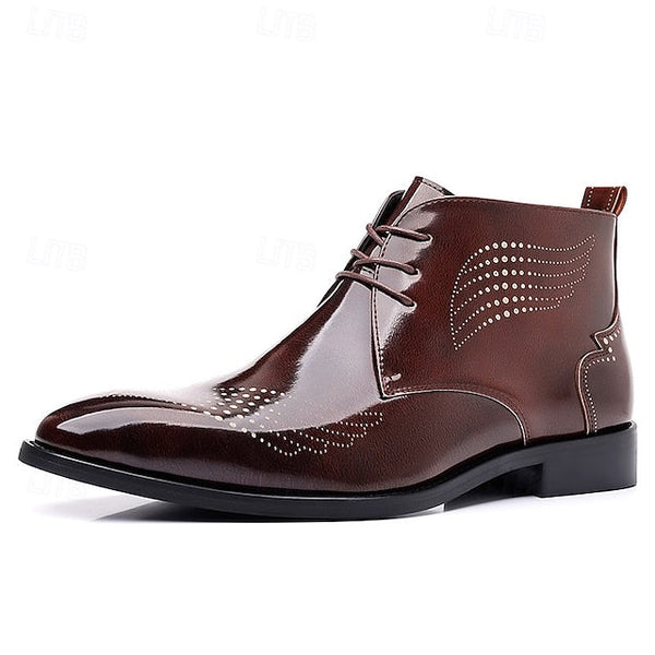 Wingtip Glossy Brogue Burgundy Leather Men's Ankle Faux FashionChic