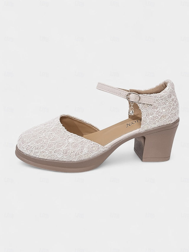 Jane Comfortable Mary Shoes Women's Low Lace Chunky - Heel FashionChic