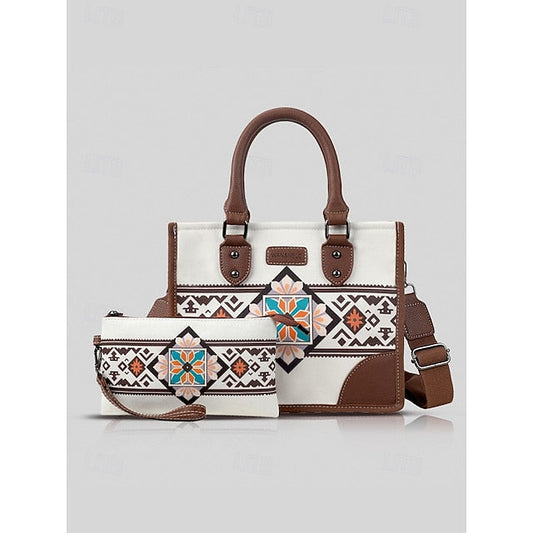 and Set Women's Ethnic Leather Faux Handbag Canvas with FashionChic
