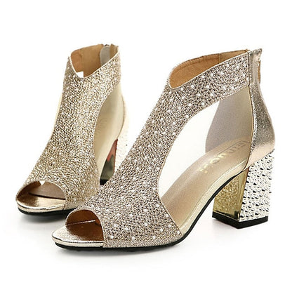 Glitter Sandals Peep Elegant Heeled with Gold Toe Women's FashionChic