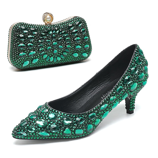 Matching Kitten Crystal-Embellished and Heel Shoes Women's FashionChic