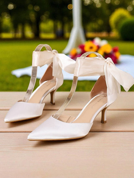 Ribbon Shoes Heel Women's with Pointed-Toe Kitten Satin FashionChic