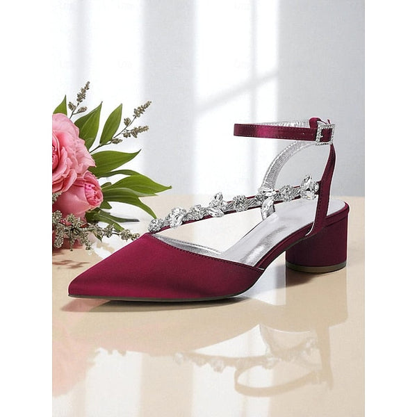 Purple Heel Pumps Women's Satin Block with Rhinestone FashionChic
