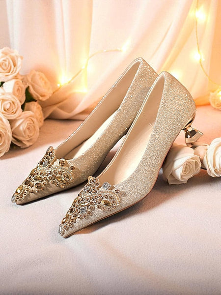 Gold Pumps with Women's Low Heel Pointed-Toe Glitter FashionChic
