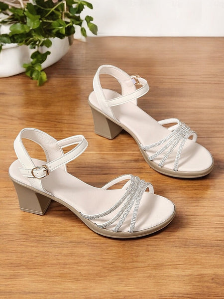 - Strappy with Comfortable Block Rhinestones Heel Black Sandals FashionChic