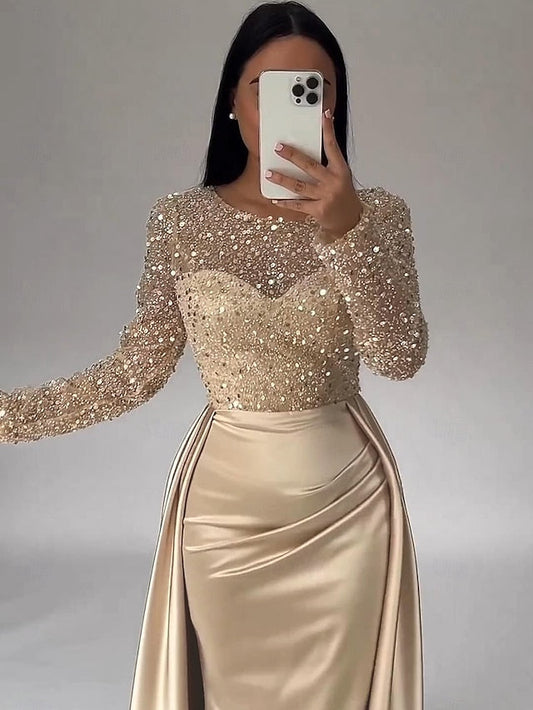 RuchedSatin Dress Sleeves Mermaid Gown Evening Sequin Long FashionChic