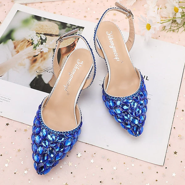 Rhinestone Slingback Heels Women's Crystal High Pointed-Toe FashionChic