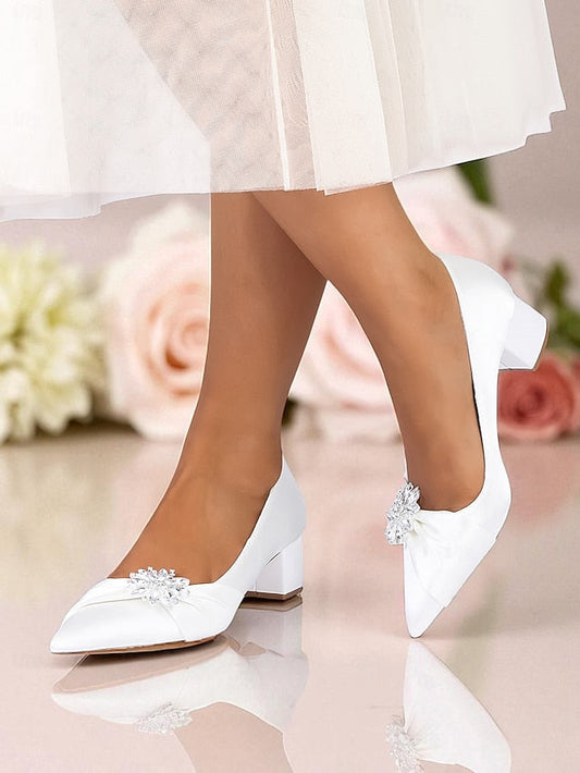 Block Heel Low Crystal Pumps Women's with White FashionChic