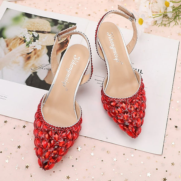 Heels Slingback Women's High Crystal Pointed-Toe Rhinestone FashionChic