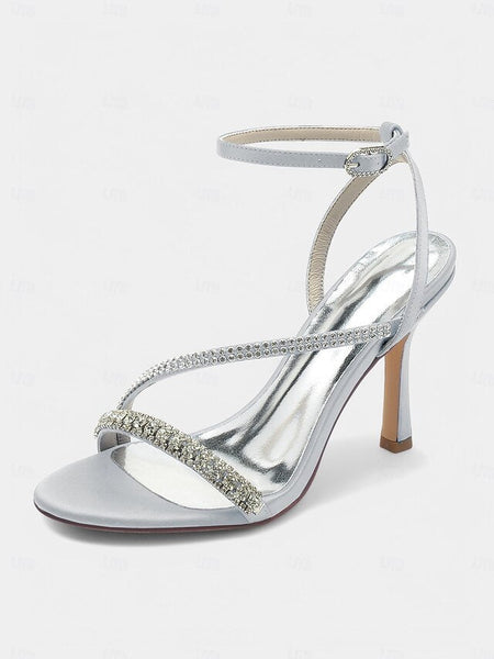 – Sophisticated Heels Strappy Champagne Satin Rhinestone FashionChic
