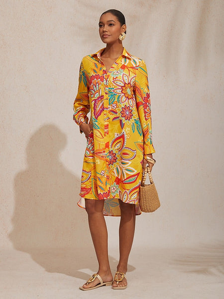 Vacation Yellow Paisley Print Straight Fit Satin Shirt Dress FashionChic