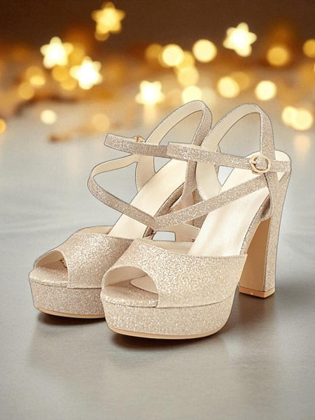 Strap Ankle Heel Women's Platform Sandals with Glitter High FashionChic