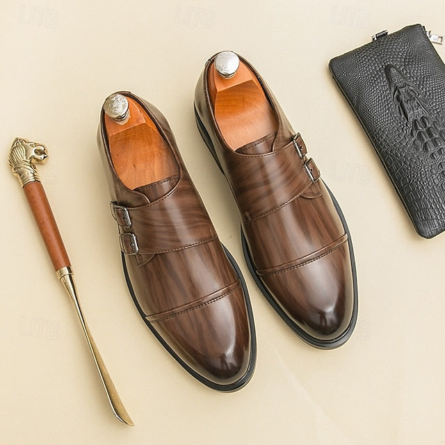 Brown Strap Dress Men's Monk Shoes – Faux Leather Double FashionChic