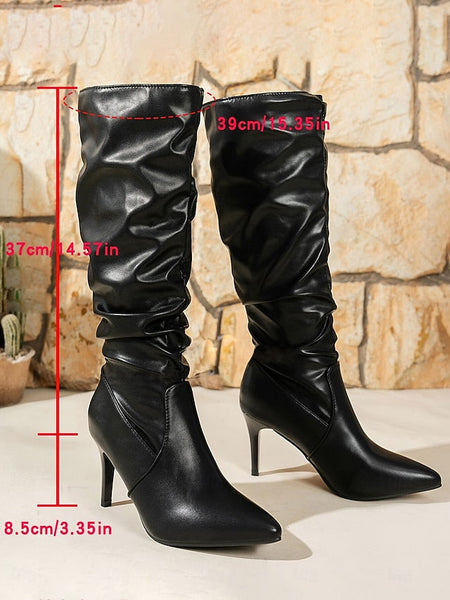 Knee Pointed Faux - Boots Leather High Women's Toe Brown FashionChic