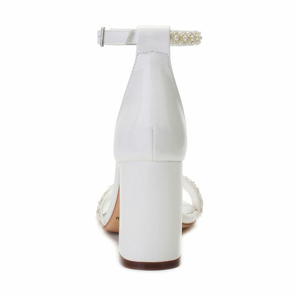 Women's Ankle Embellished White Ivory Block Pearl Strap FashionChic