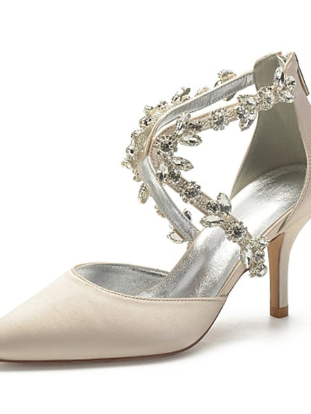 Heels Elegant Women's Satin White Crystal – Strap Pointed FashionChic