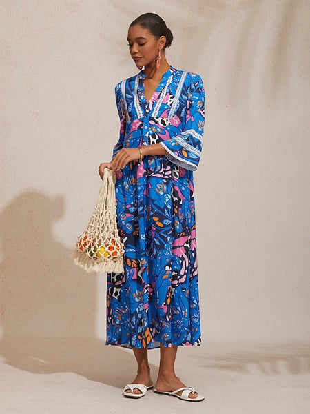 Vacation Abstract Color Dot Floral Loose fit Satin Maxi Dress FashionChic