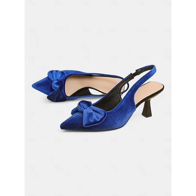 Bow Toe Blue with Heels Pointed Women's Slingback Velvet FashionChic