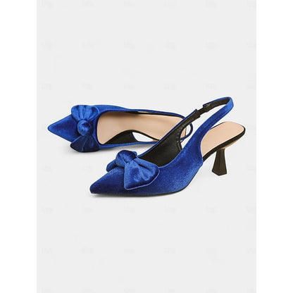 Bow Toe Blue with Heels Pointed Women's Slingback Velvet FashionChic