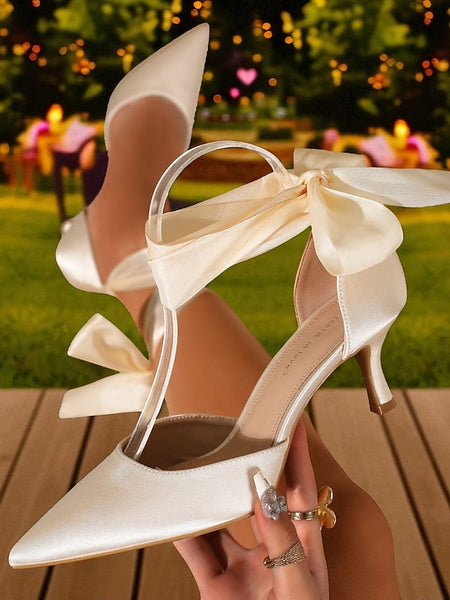 Ribbon Shoes Heel Women's with Pointed-Toe Kitten Satin FashionChic