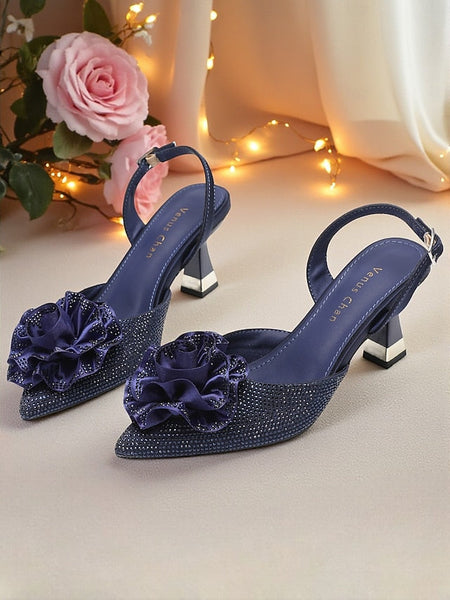 Women's Floral Heels Purple Slingback with Rhinestone FashionChic
