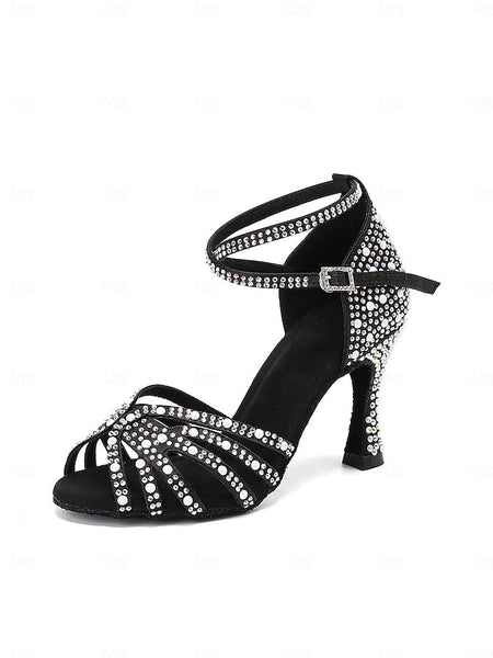 High Latin Rhinestone-Embellished Tan Sandals with Heel Dance FashionChic