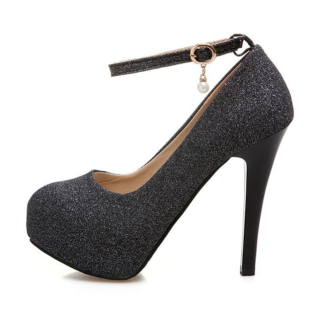 Stiletto Silver Heels Women's Glitter Ankle with Platform FashionChic