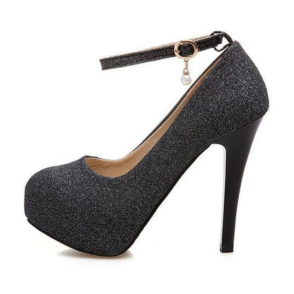 Stiletto Silver Heels Women's Glitter Ankle with Platform FashionChic