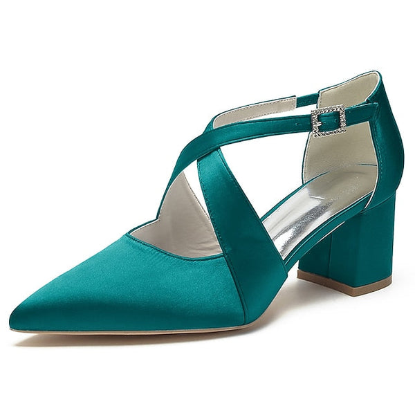 Heels White Pointed Satin Toe Block Women's – Elegant FashionChic