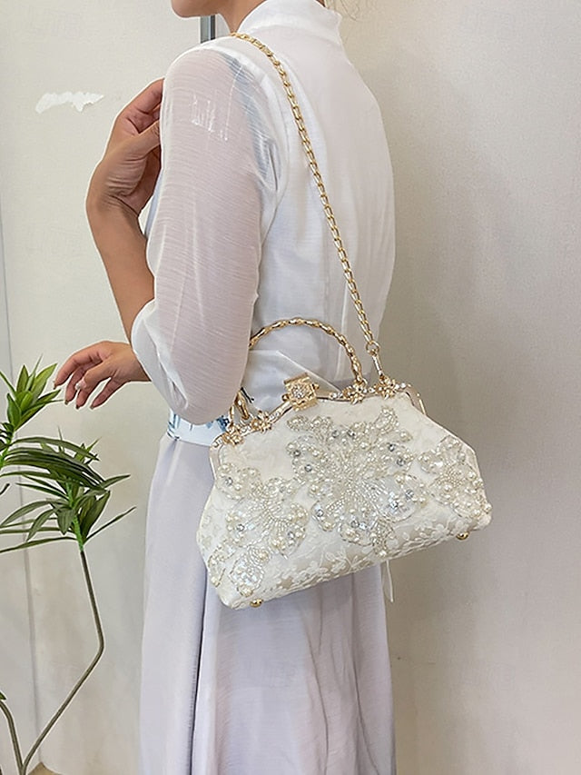 Handbag Floral Pearl and Evening White Lace Elegant with FashionChic