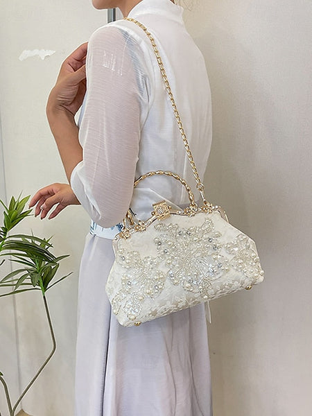 Handbag Floral Pearl and Evening White Lace Elegant with FashionChic