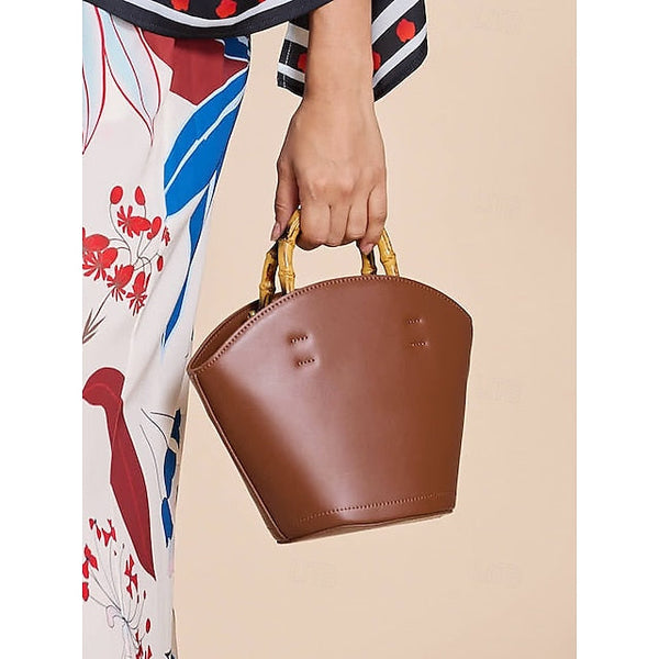 Bucket Bag Bamboo Handle Leather Brown Women's with FashionChic