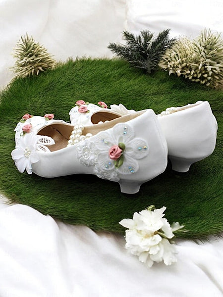 White Embellished Heel Floral for Pearl Bridal Strap Shoes Low FashionChic