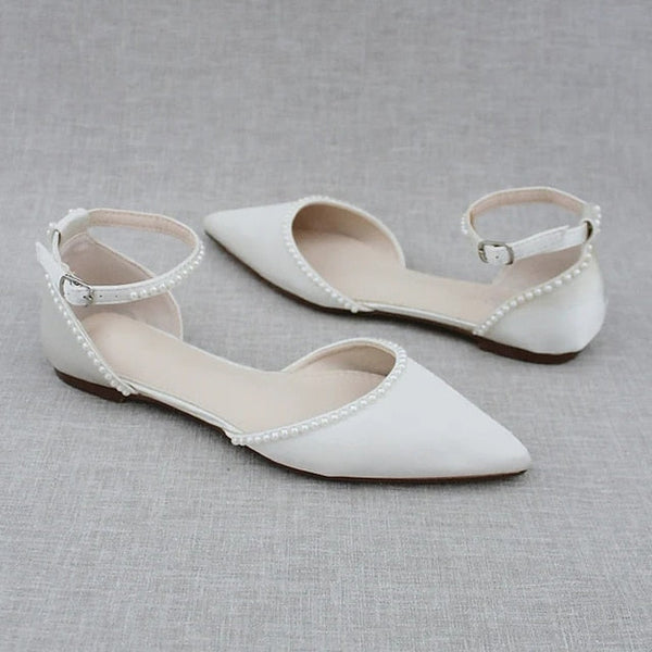 Women's White Pearl-Embellished Shoes with Flat Toe Pointed FashionChic
