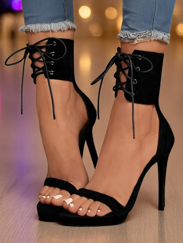 Ankle Lace-Up Sandals High Heel Sexy Women's Strap - Black FashionChic