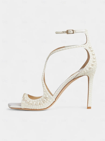 with Sandals White Ankle Open-Toe Pearl-Embellished Stiletto FashionChic