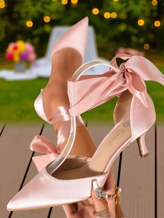 Ribbon Shoes Heel Women's with Pointed-Toe Kitten Satin FashionChic