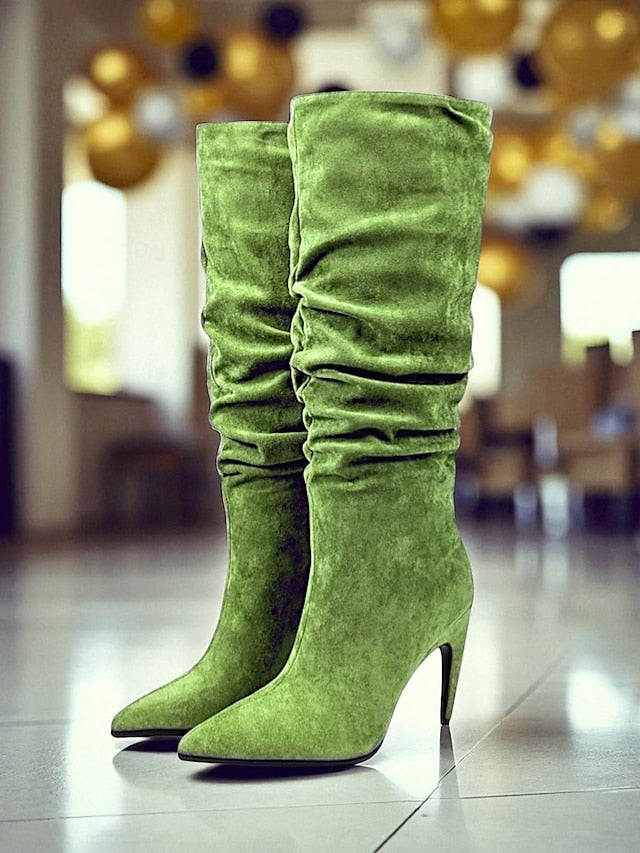Knee Green Boots Slouch High Women's - Velvet Toe Pointed FashionChic