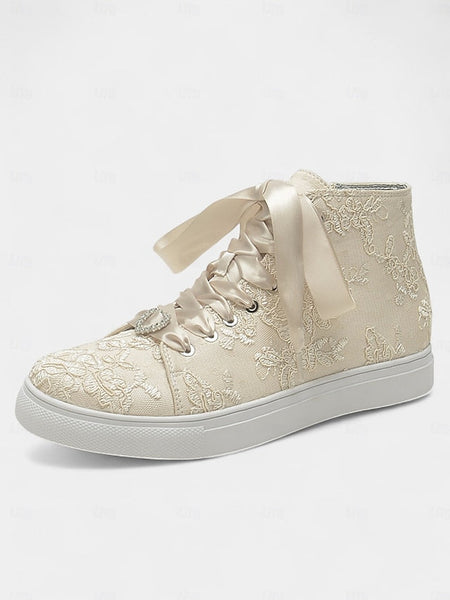 with Ivory Sneakers Satin Wedding Women's Laces Lace Ribbon FashionChic